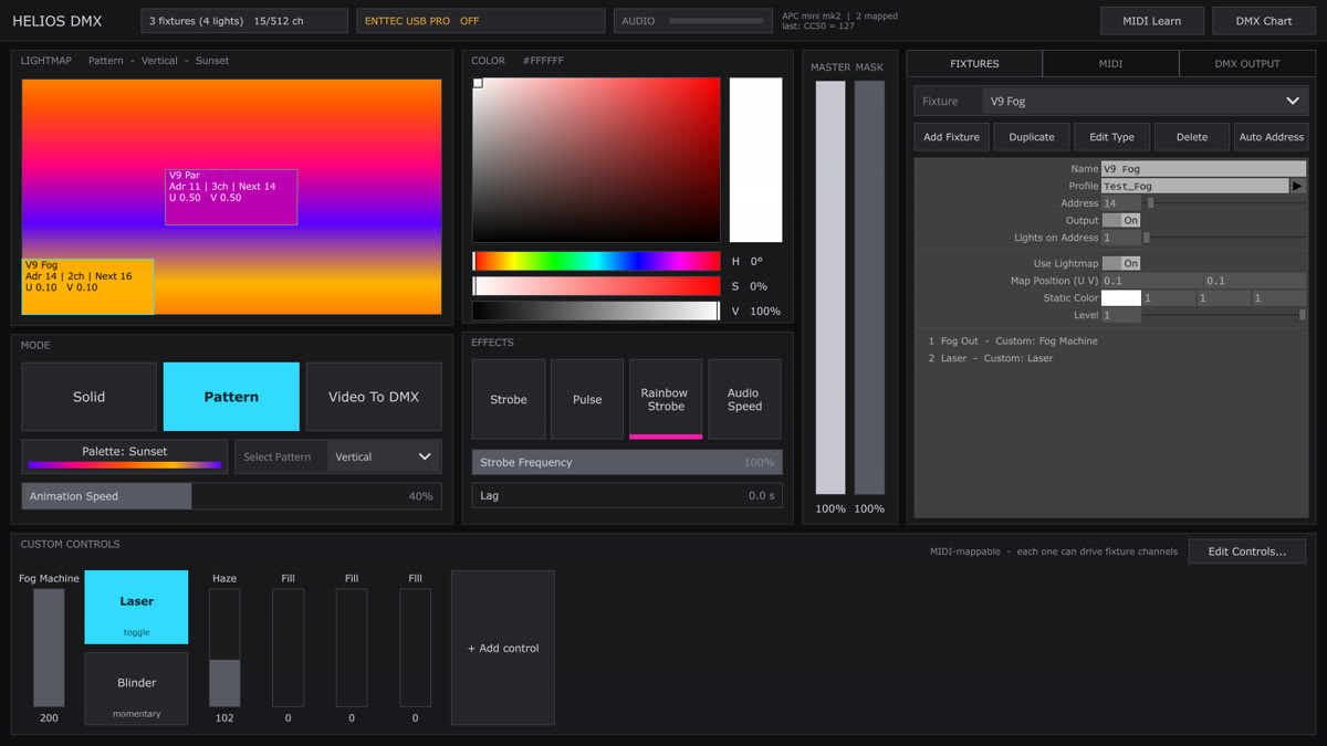 Helios DMX control panel in TouchDesigner with fixture faders and looks