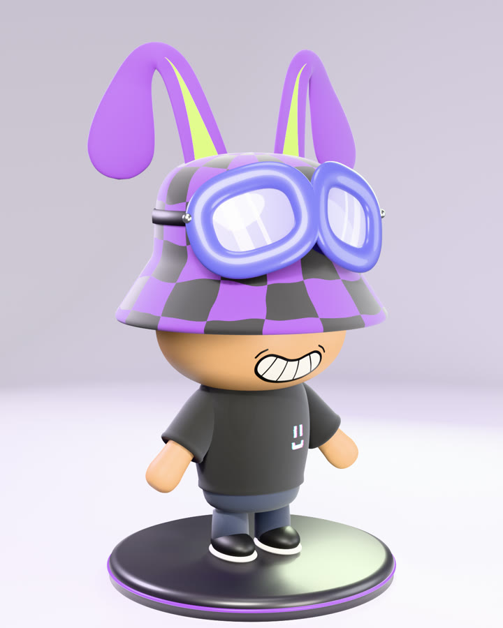 3D chibi of Just Javi in a checkered bucket hat with bunny ears and goggles